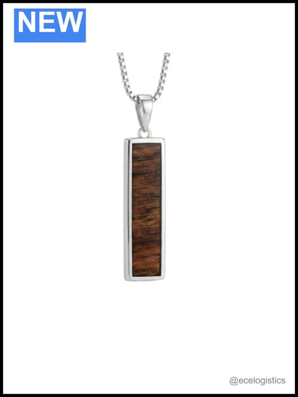 925 Sterling Silver Koa Wood Bar Pendant Necklace 18" Box Chain Hypoallergenic